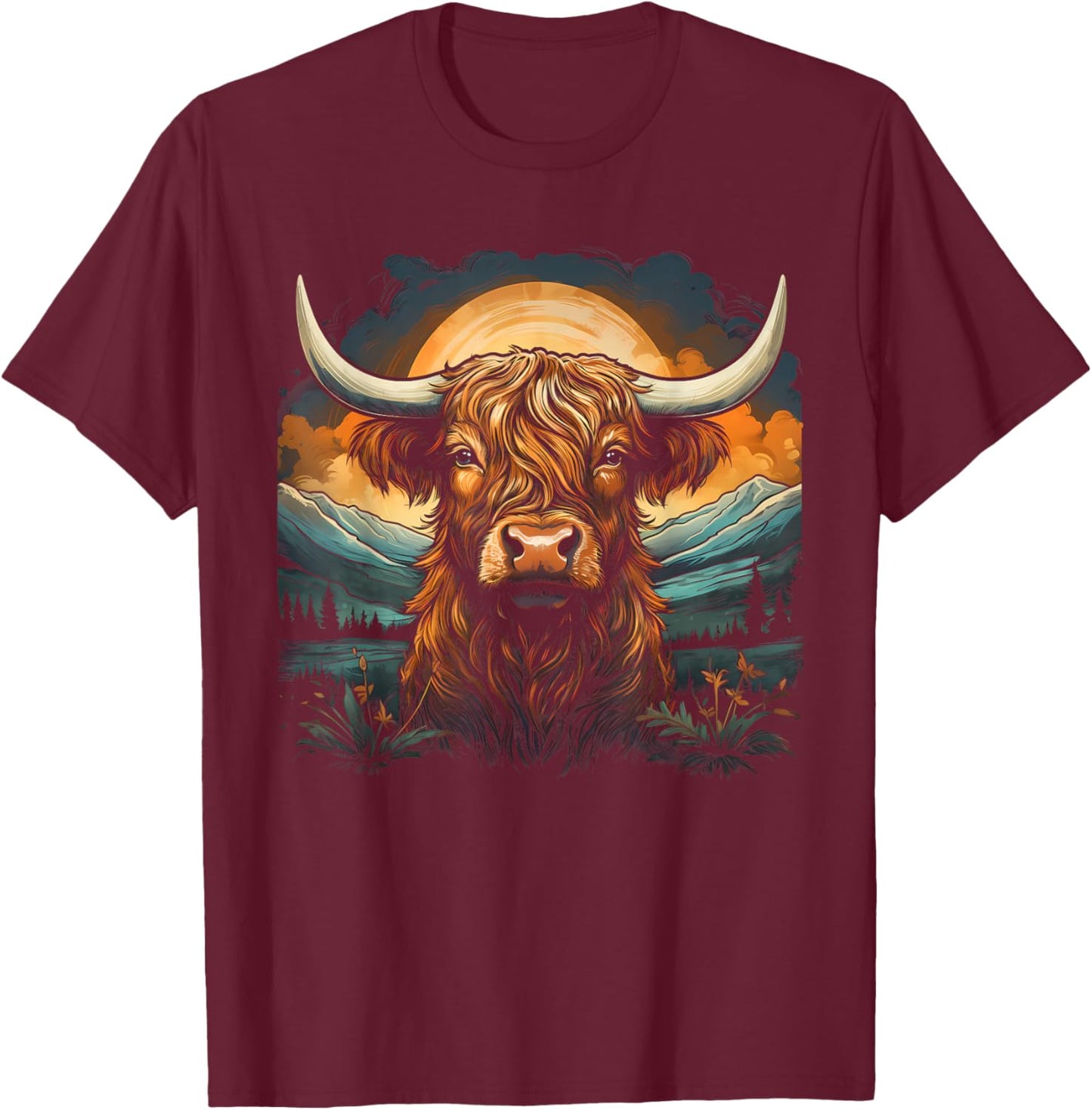 Scottish Highland Cow Cattle Farm Mountain Hairy Cow T-Shirt - T-Shirt | Maroon