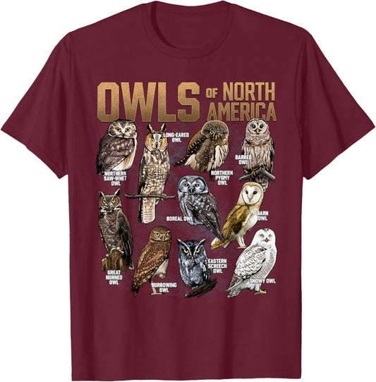 Owls of North America Nocturnal Animal Bird Lover Owl Lover T-Shirt - T-Shirt | Maroon