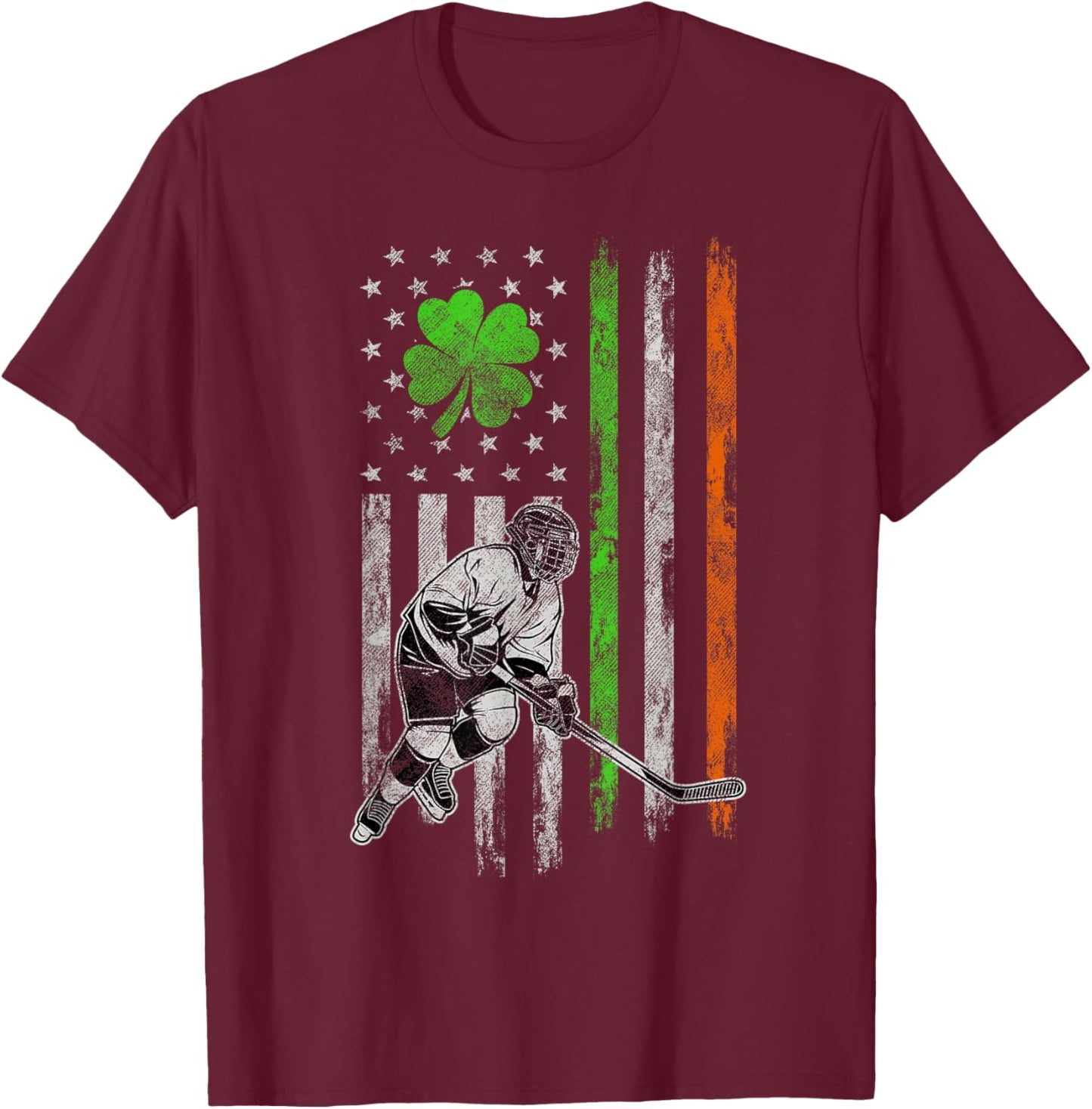 Hockey American Irish Flag St Patricks Day Shamrock Leaf T-Shirt - T-Shirt | Maroon