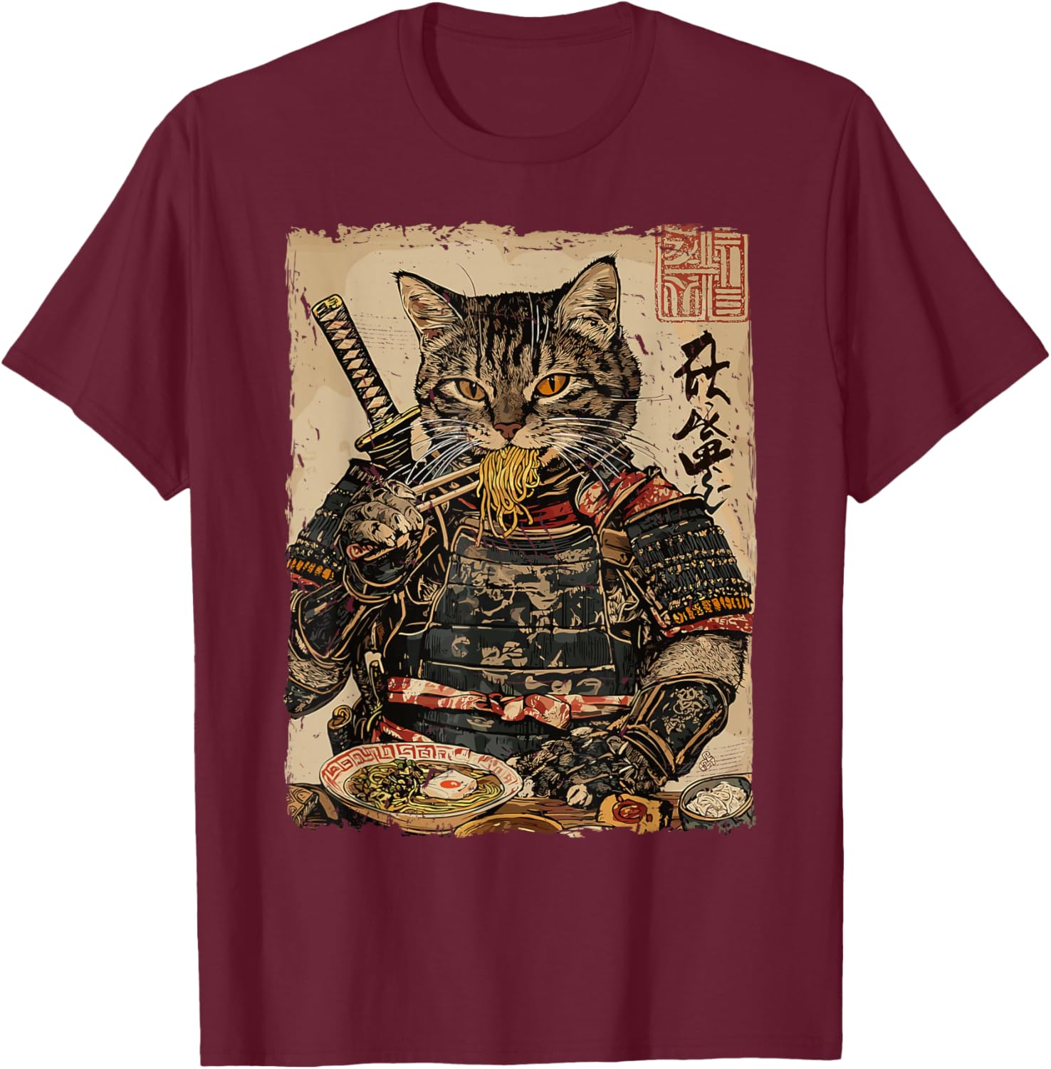 Samurai Cat Loves Ramen Funny Anime Japanese Artwork Samurai T-Shirt - T-Shirt | Maroon