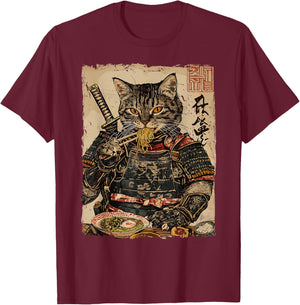Samurai Cat Loves Ramen Funny Anime Japanese Artwork Samurai T-Shirt - T-Shirt | Maroon