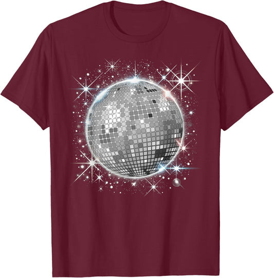 Black and White Disco Ball Club Retro T-Shirt - T-Shirt | Maroon