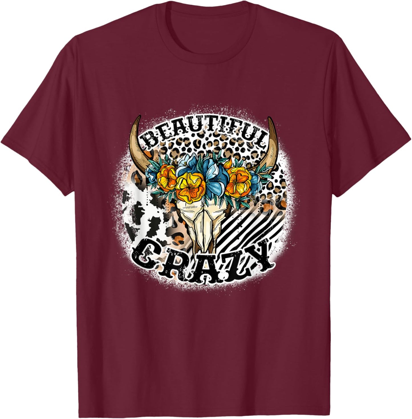 Beautiful Bull Skull Flower Crazy Cow Skull Leopard-Print T-Shirt - T-Shirt | Maroon