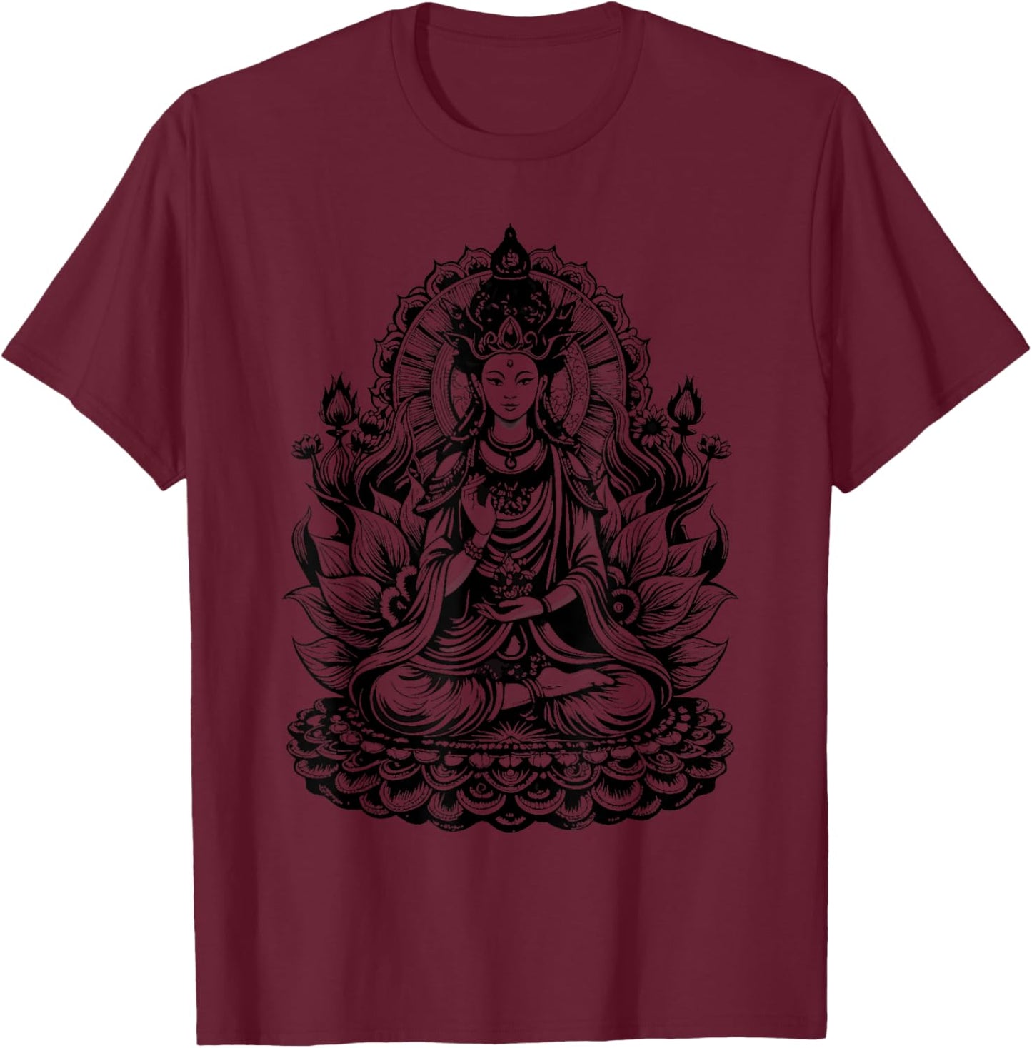 Vintage Spiritual Design Quan Yin Chinese Goddess of Compassion Kwan Yin Lotus , Small, Grey T-Shirt - T-Shirt | Maroon