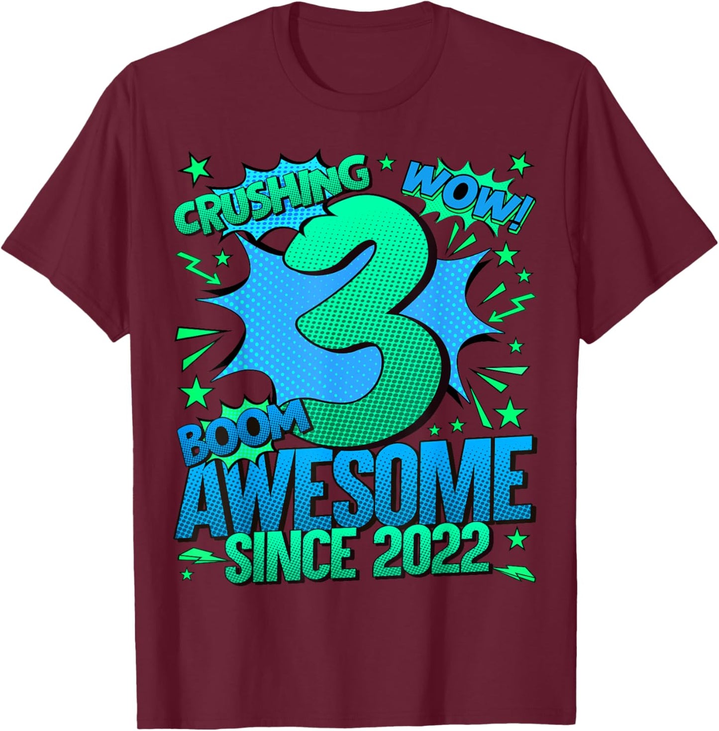 Comics Style 2025 Birthday Gifts HH 3 Year Old Boy Black T-Shirt - T-Shirt | Maroon