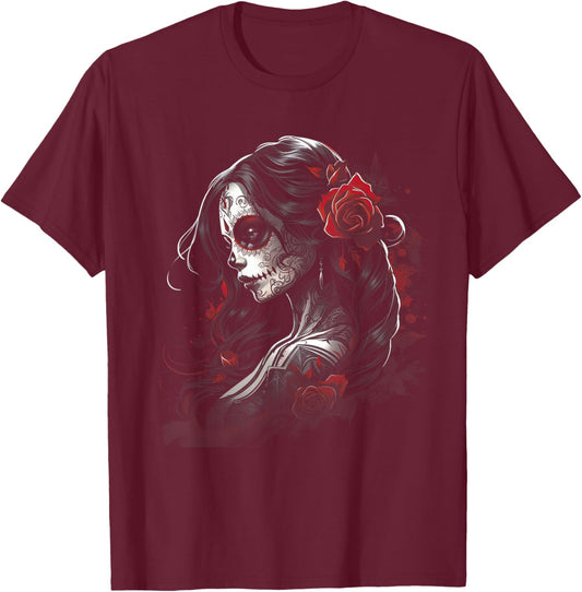 Tattoo Sketch Mexican Art Rose Dia de Los Muertos T-Shirt - T-Shirt | Maroon