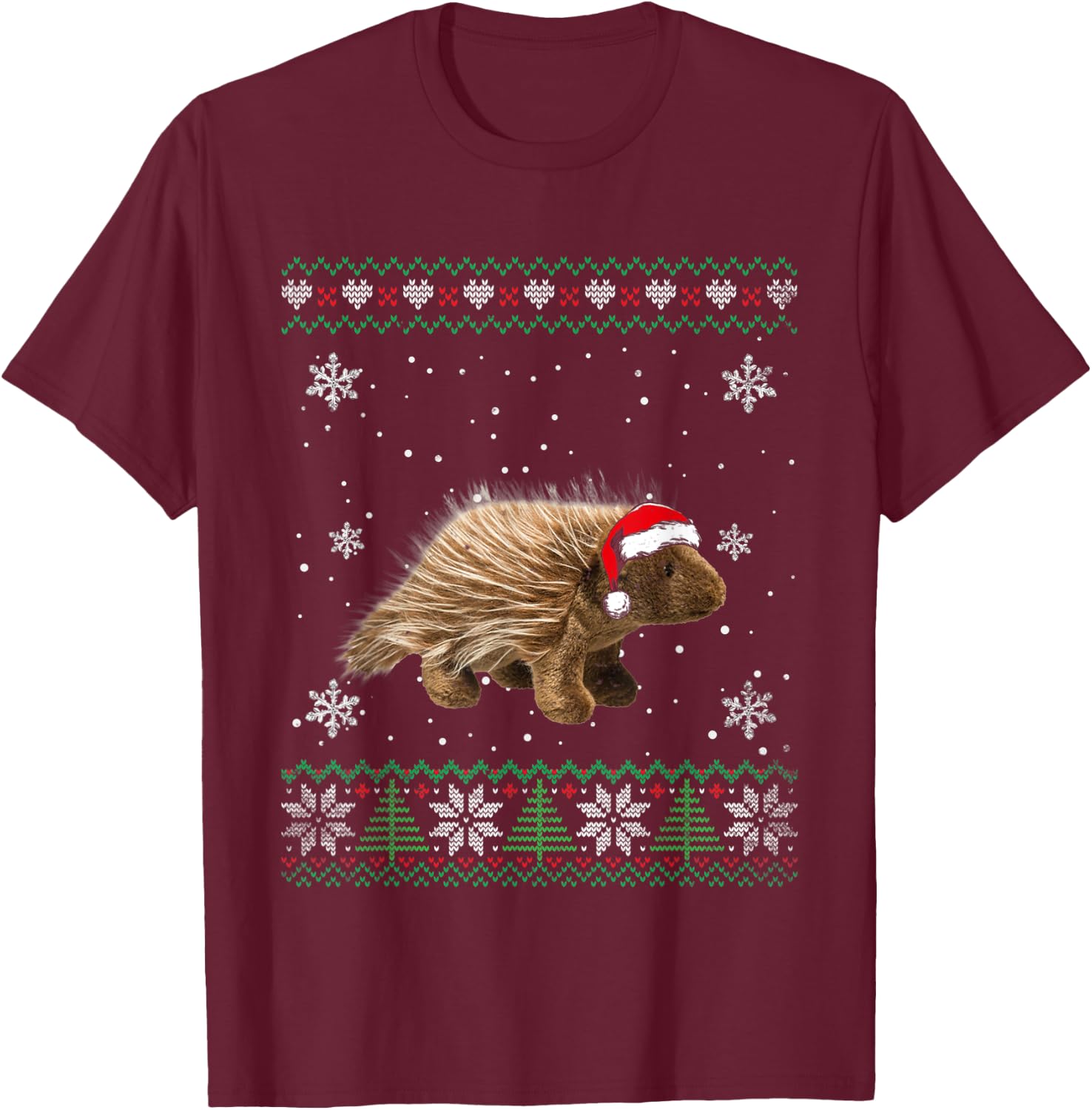 Santa Porcupine Ugly Sweater Animals Christmas Pajama T-Shirt - T-Shirt | Maroon