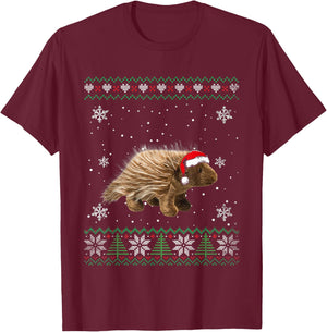 Santa Porcupine Ugly Sweater Animals Christmas Pajama T-Shirt - T-Shirt | Maroon
