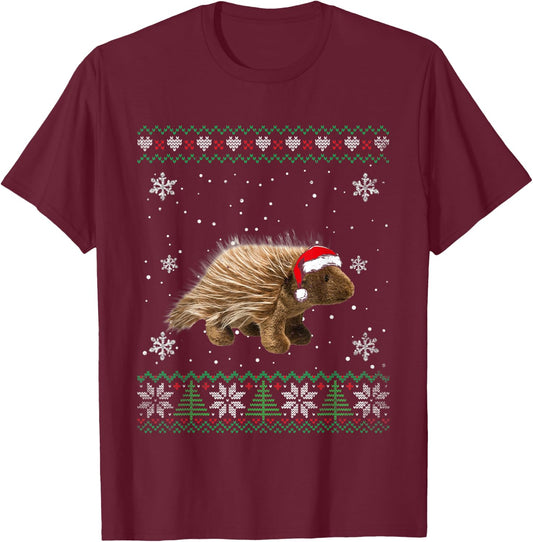 Santa Porcupine Ugly Sweater Animals Christmas Pajama T-Shirt - T-Shirt | Maroon