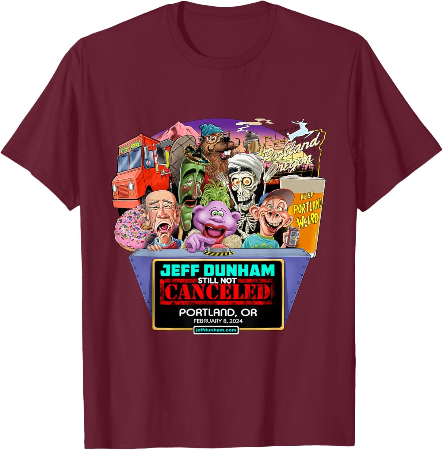 Jeff Dunham Portland, OR (2024) T-Shirt - T-Shirt | Maroon
