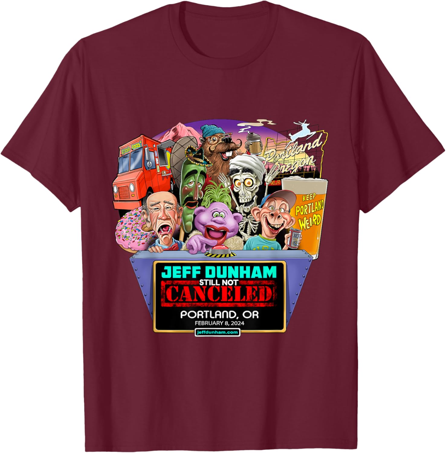 Jeff Dunham Portland, OR (2024) T-Shirt - T-Shirt | Maroon