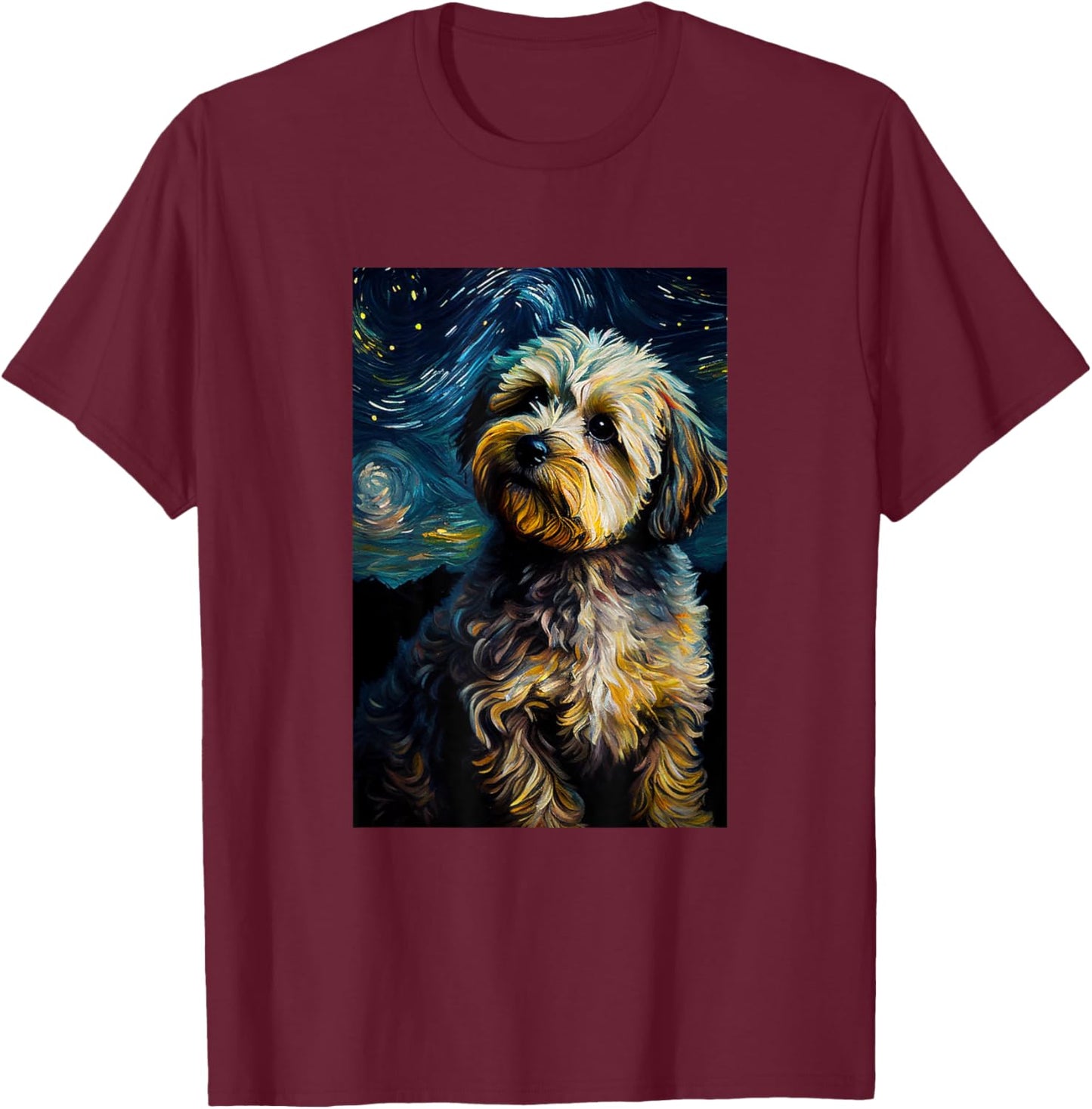 Yorkiepoo in Starry Night Painting Dog Mom Dad Men Women Kids T-Shirt - T-Shirt | Maroon