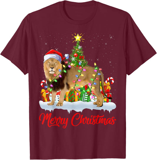 Lion Xmas Tree Lighting Santa Lion Christmas T-Shirt - T-Shirt | Maroon