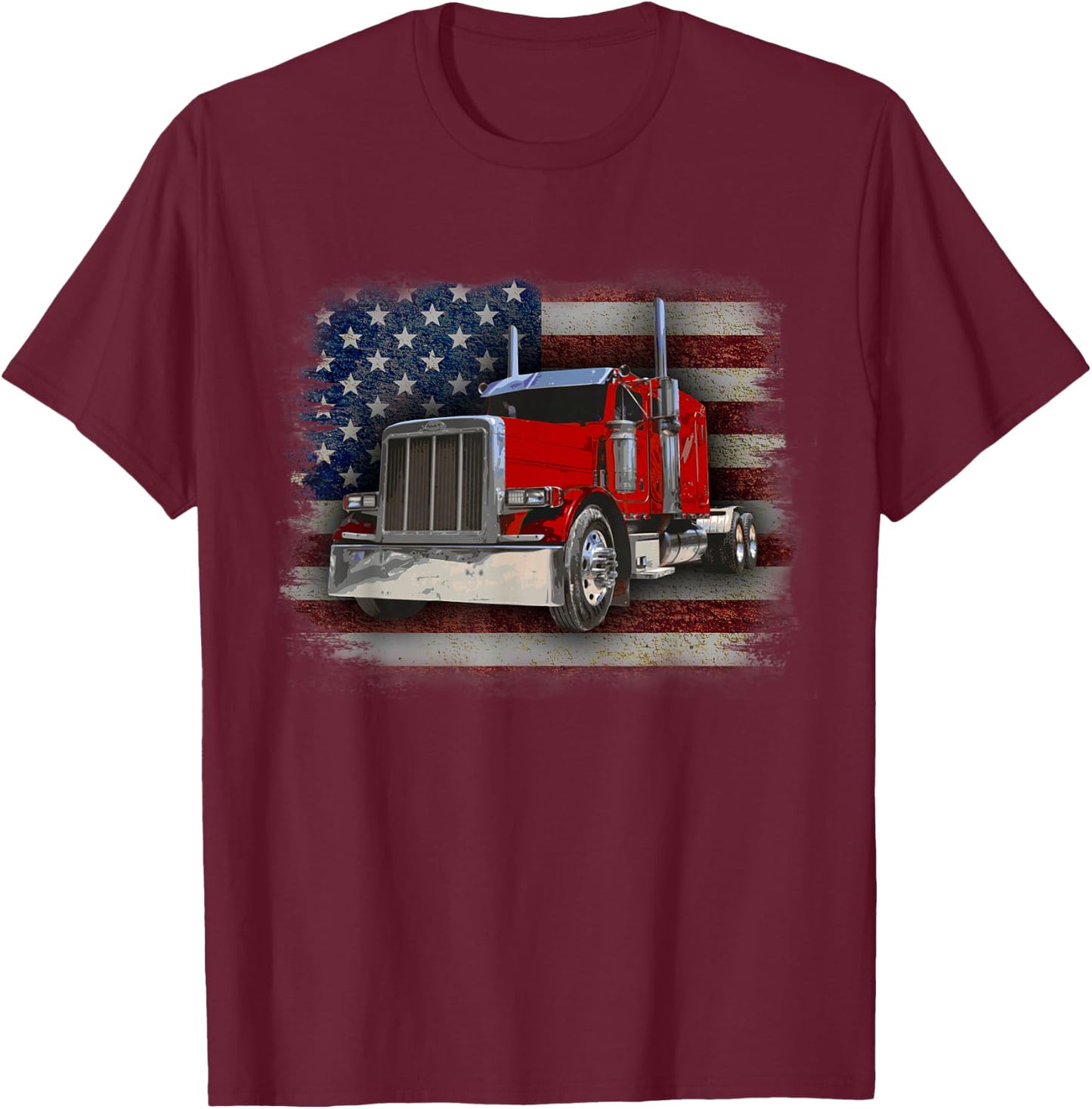 Trucker American Flag and Big Rig T-Shirt - T-Shirt | Maroon