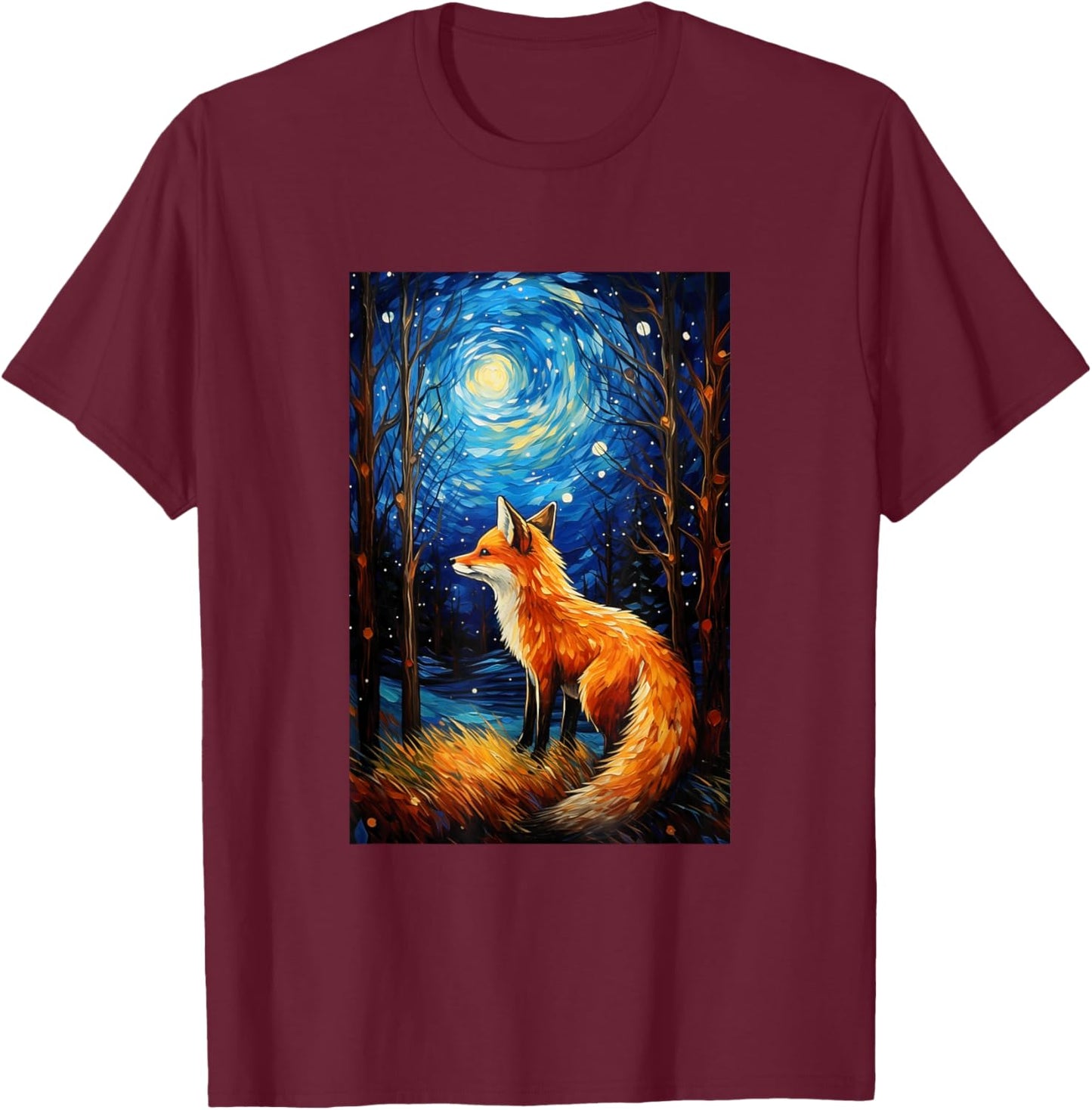 Cute Fox Van Gogh Style Starry Night Graphic T-Shirt - T-Shirt | Maroon