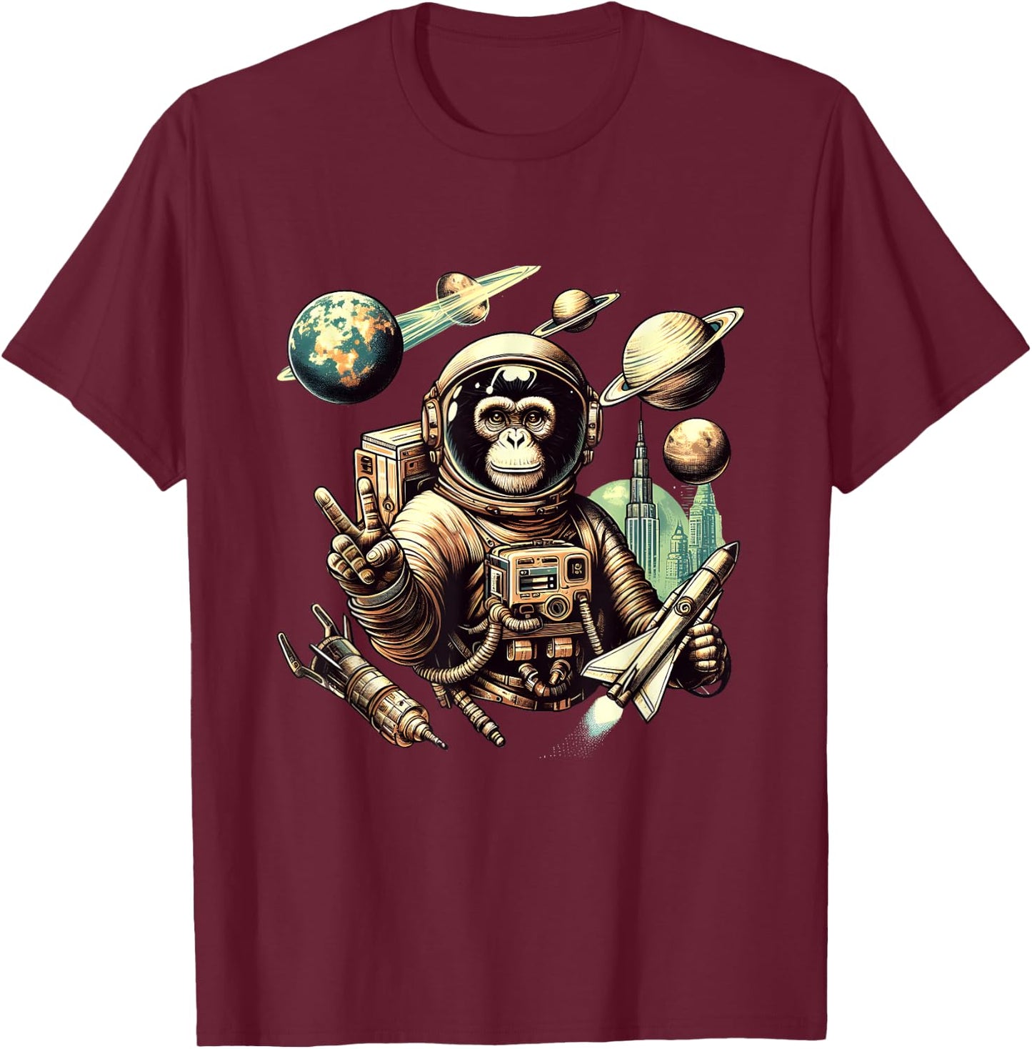 Space Vintage Travel Astronaut Monkey Holding Spaceship T-Shirt - T-Shirt | Maroon
