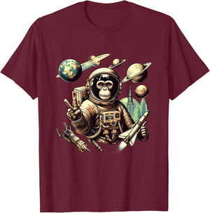 Space Vintage Travel Astronaut Monkey Holding Spaceship T-Shirt - T-Shirt | Maroon