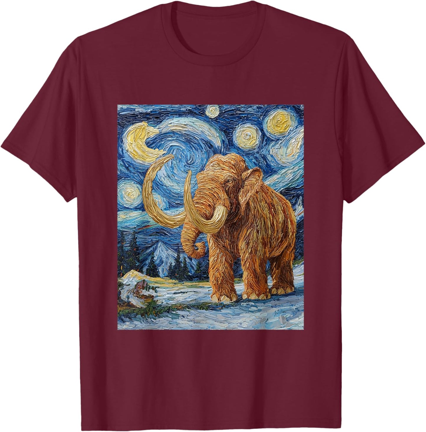 Woolly Mammoth Ice Age - Van Gogh Style - Starry Night T-Shirt - T-Shirt | Maroon