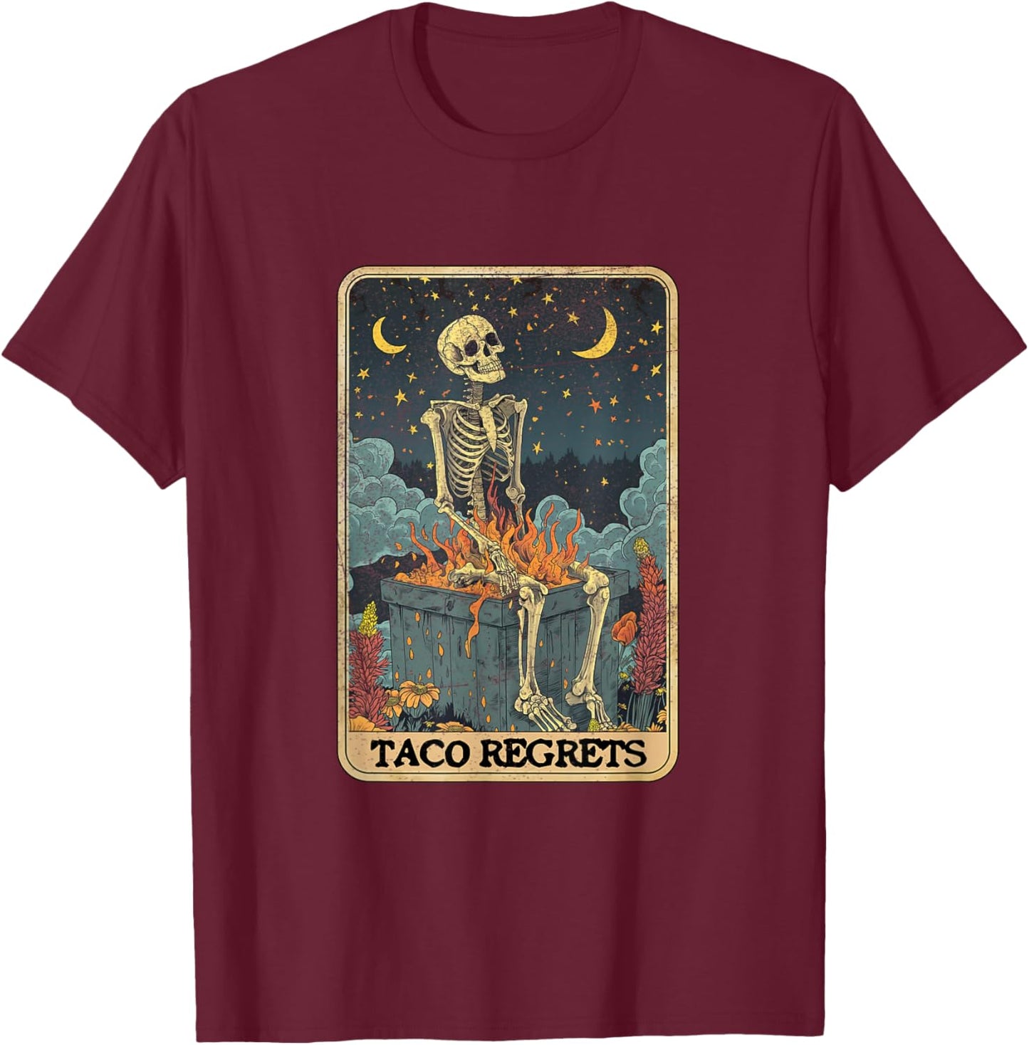 Taco Regrets Cinco de Mayo Retro Mystical Skeleton Pooping T-Shirt - T-Shirt | Maroon