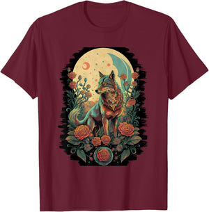 Botanical Wolf Women Roses Full Moon Children Floral Wolf T-Shirt - T-Shirt | Maroon