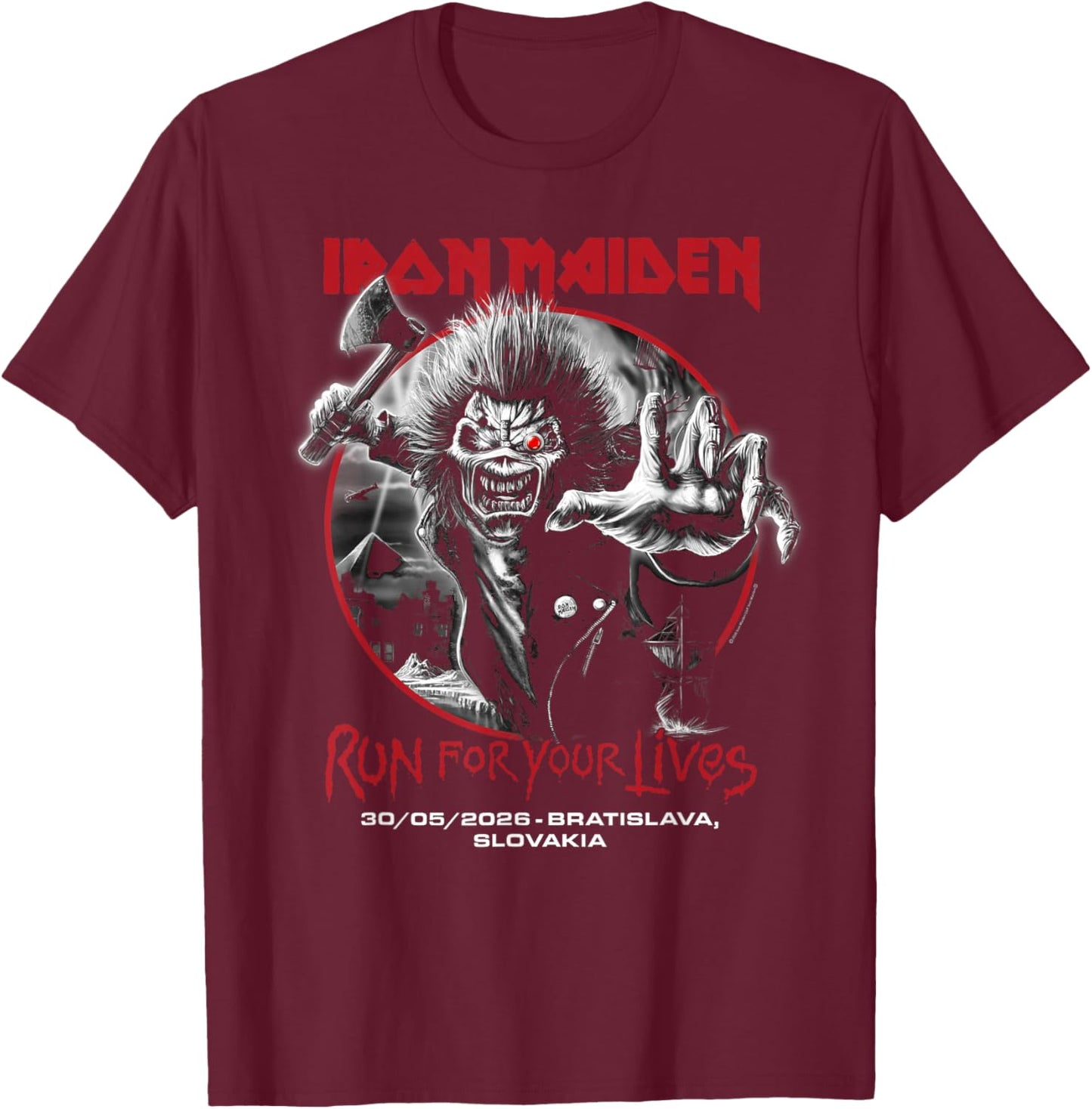 Iron Maiden Run for Your Lives Tour 2026 Bratislava T-Shirt - T-Shirt | Maroon