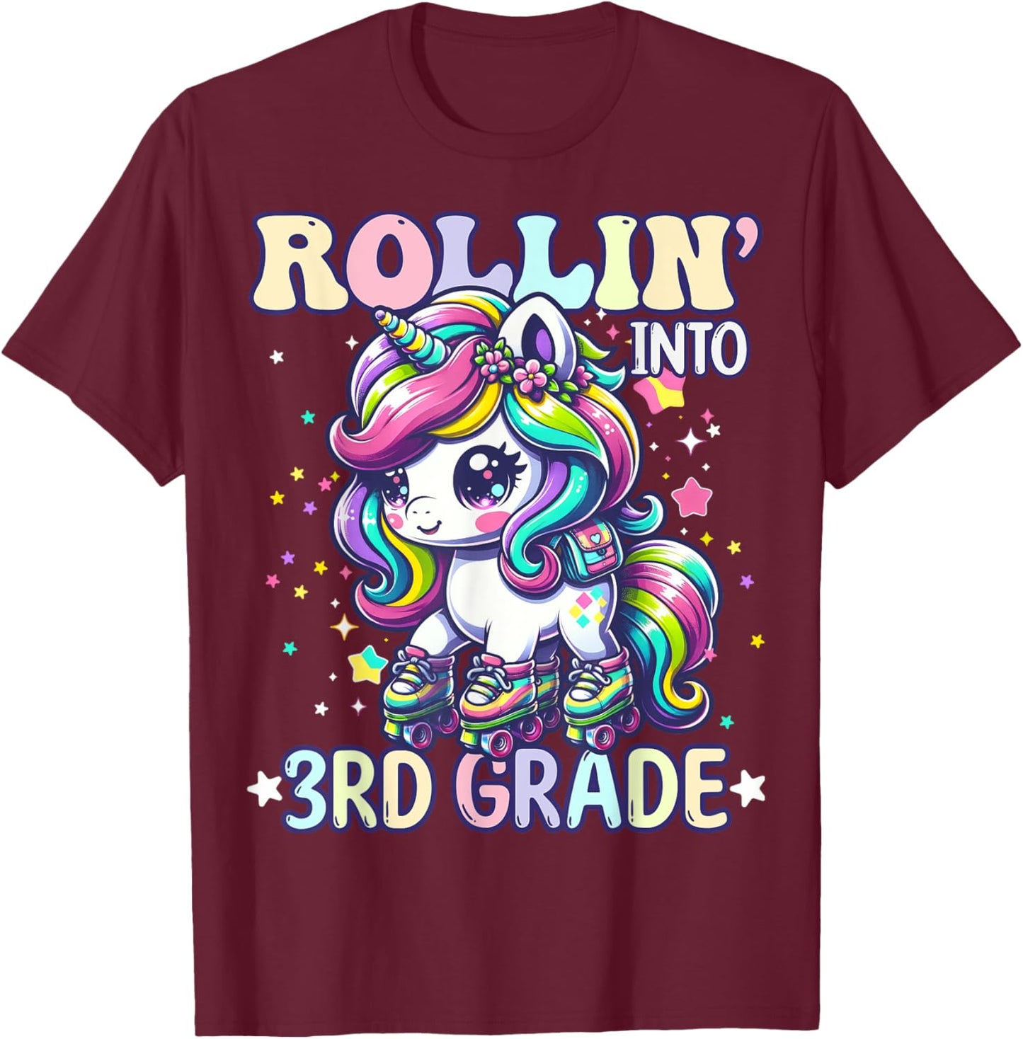 3rd Grade Back To School First Day Girl Rollin Unicorn T-Shirt - T-Shirt | Maroon