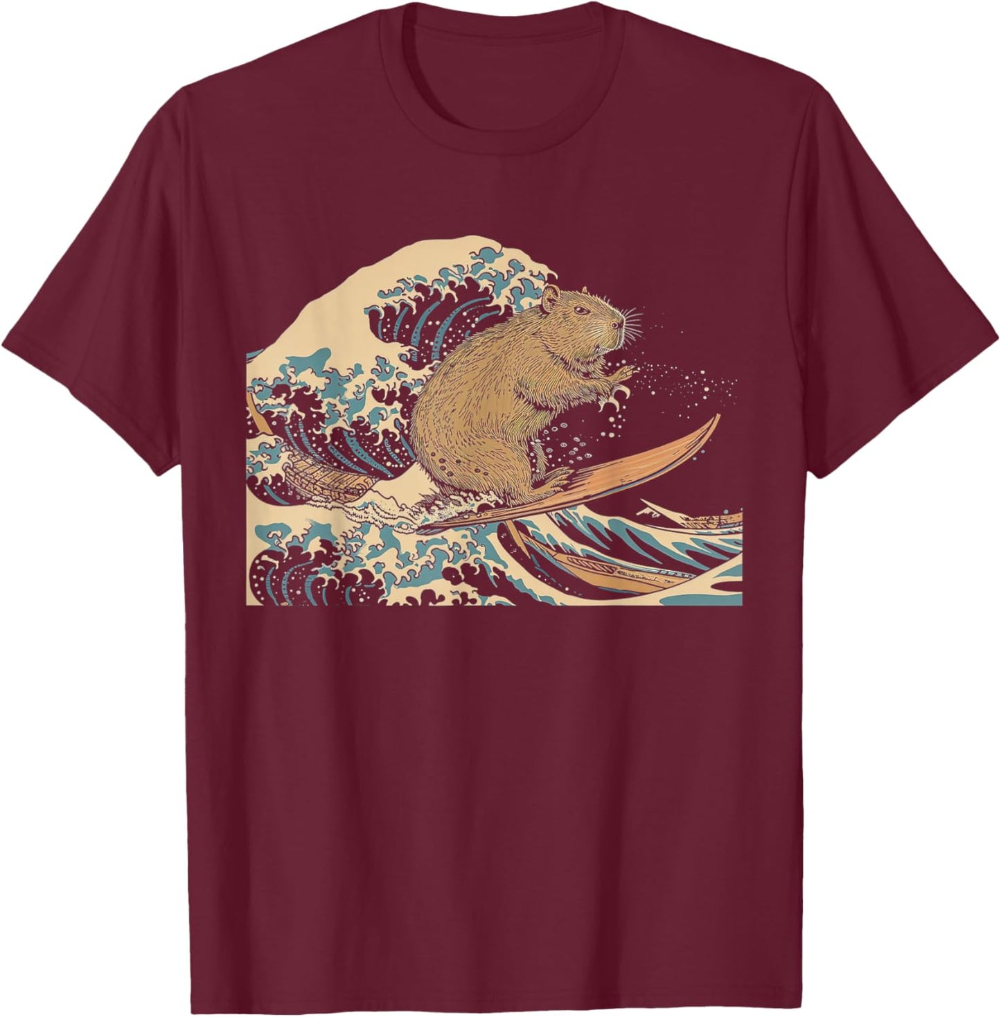 Capybara Surfing Japanese Wave Surfer Animal Funny Capybara T-Shirt - T-Shirt | Maroon