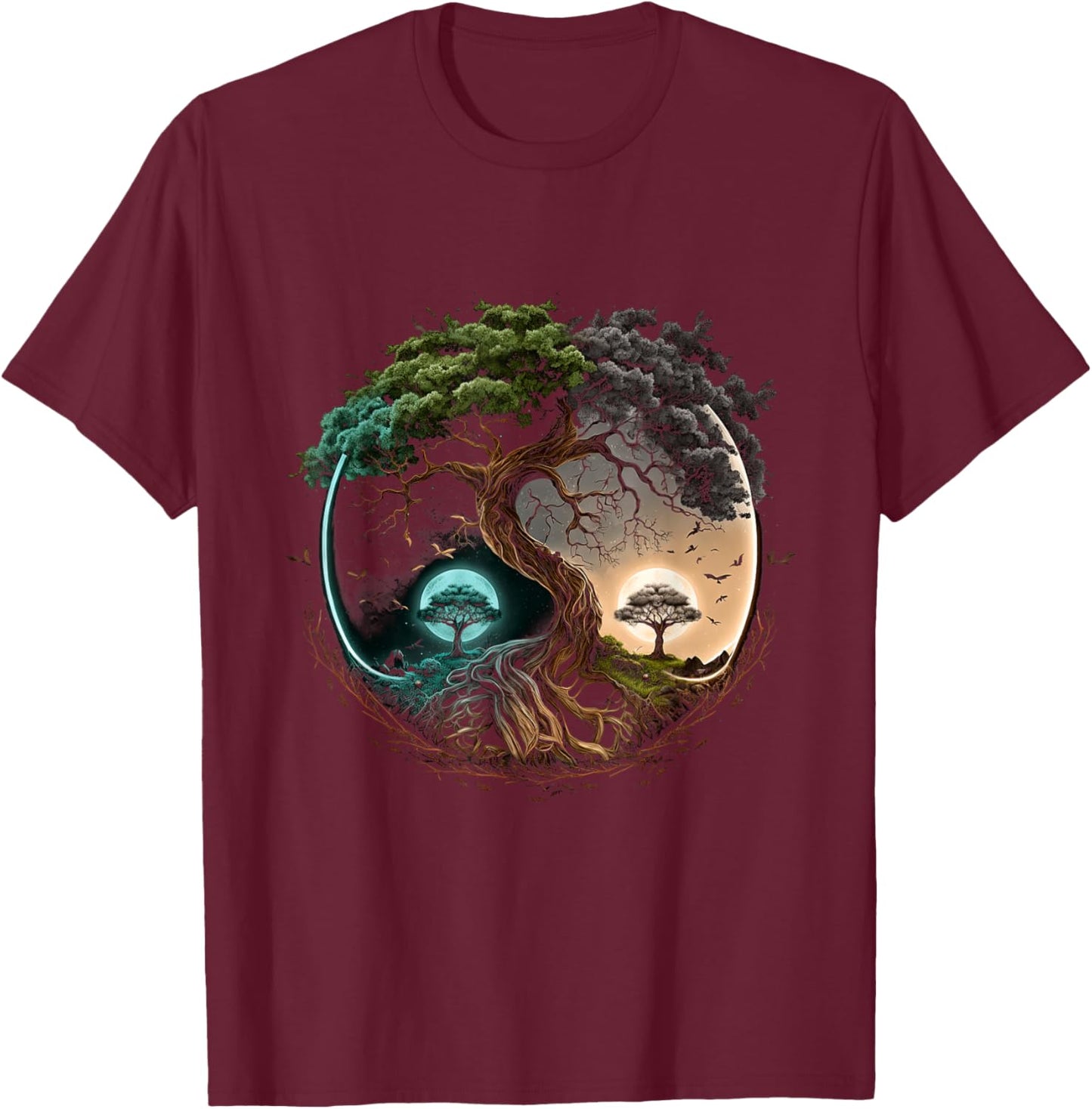 Tree Life Yin Yang Moon Sun Day And Night Bonsai Japanese T-Shirt - T-Shirt | Maroon