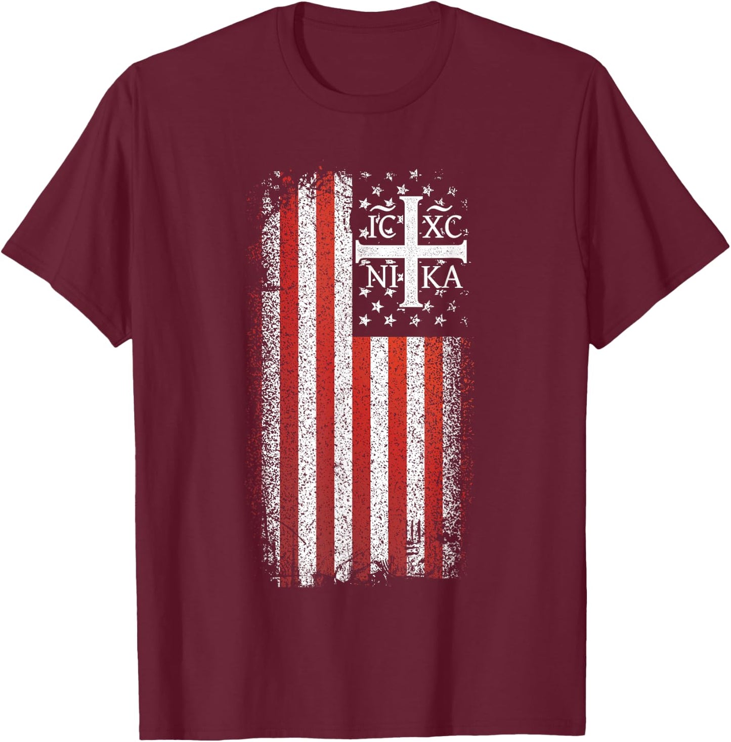 ICXC NIKA Christogram Cross American Flag Christian T-Shirt - T-Shirt | Maroon