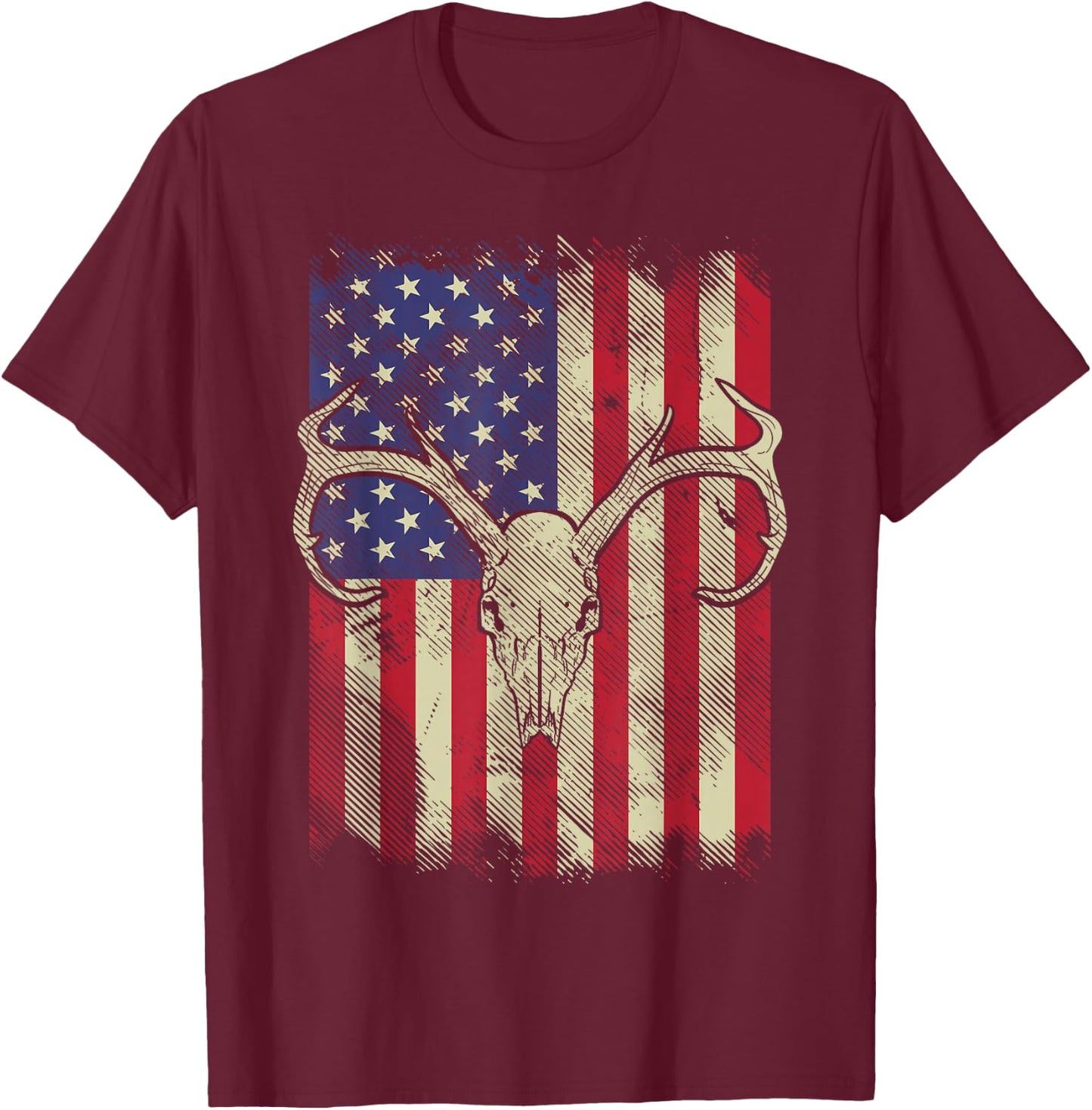 Deer Skull American Flag Hunting Vintage USA Hunter Gift T-Shirt - T-Shirt | Maroon