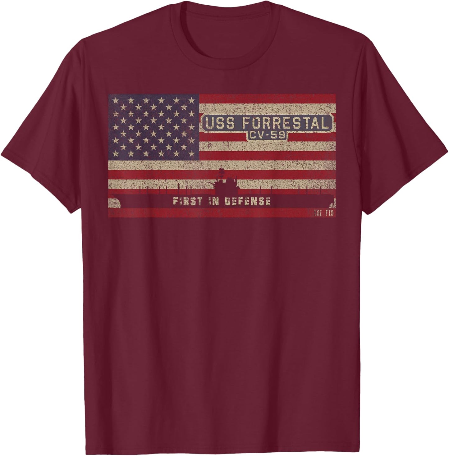 USS Forrestal CV-59 Aircraft Carrier American Flag T-Shirt - T-Shirt | Maroon