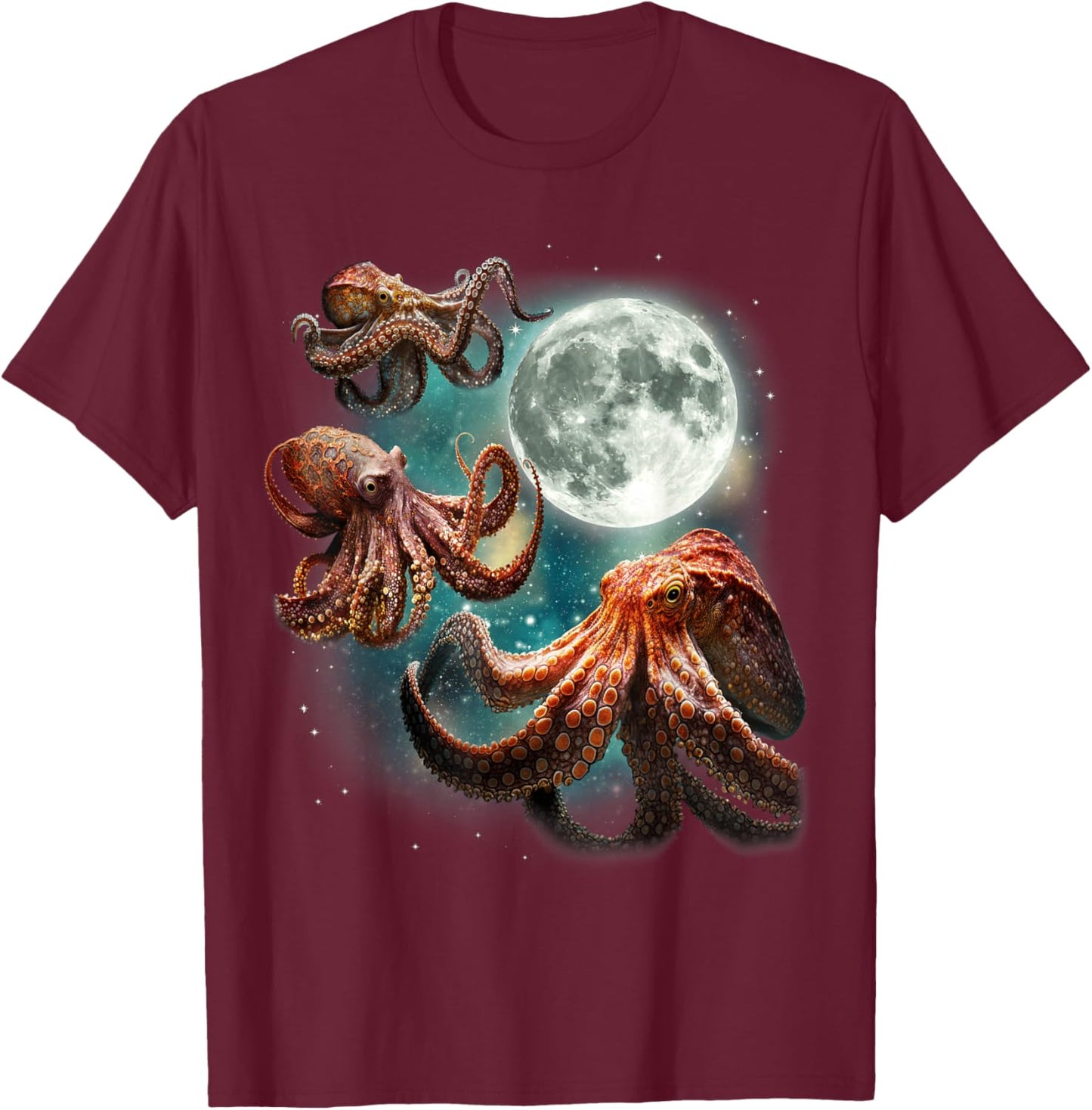 Three Octopuses 3 Moon Ocean Deep Sea Creature Wildlife T-Shirt - T-Shirt | Maroon