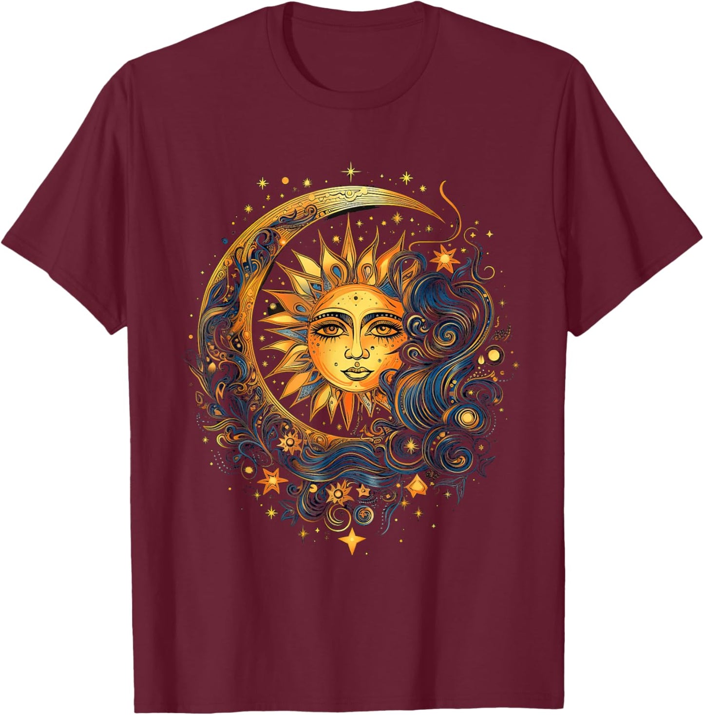 Mystic Sun and Moon Woman Mystical Flowers Aesthetic T-Shirt - T-Shirt | Maroon