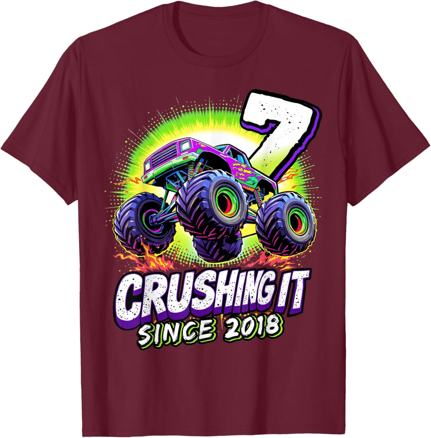 Birthday Monster Truck 7 year Old Boys 7th Party Born 2018 T-Shirt - T-Shirt | Maroon