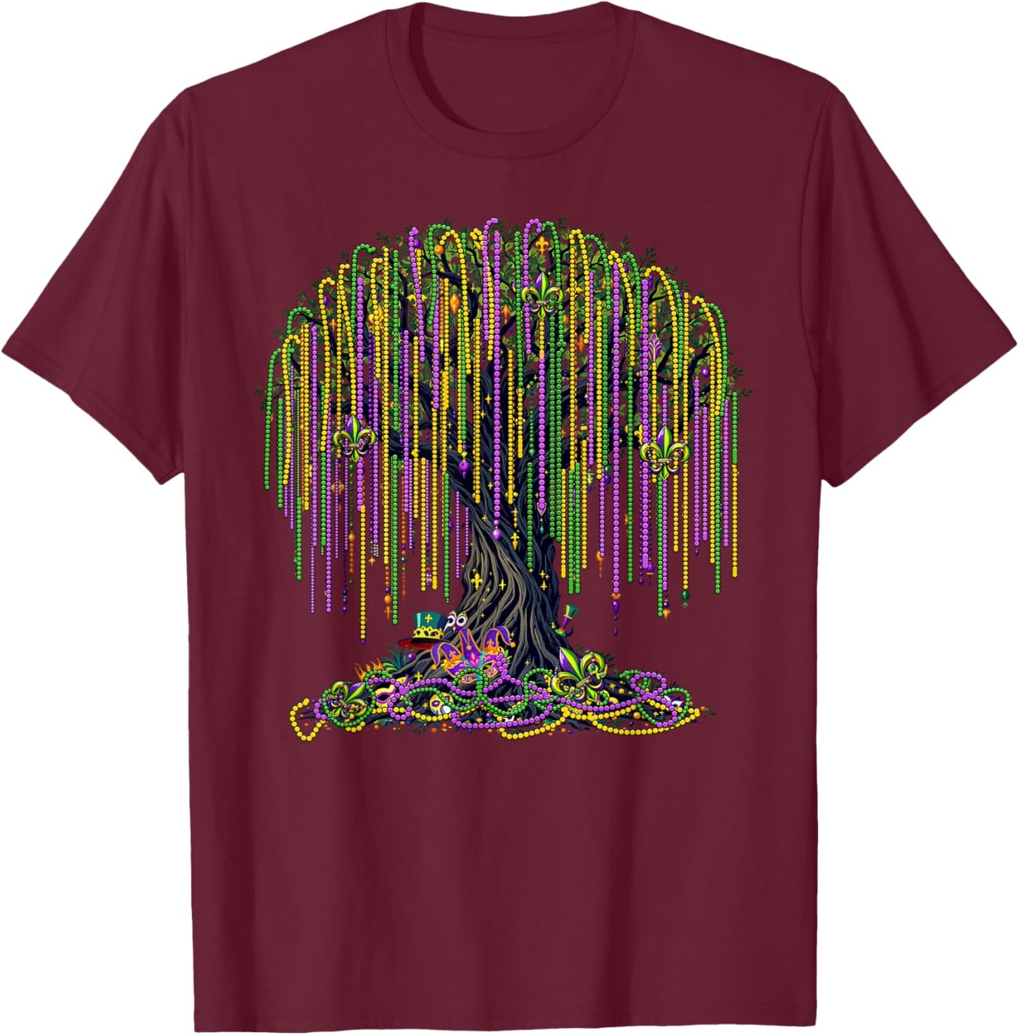 Mardi Gras Tree Beads Mask New Orleans 2025 Festival T-Shirt - T-Shirt | Maroon