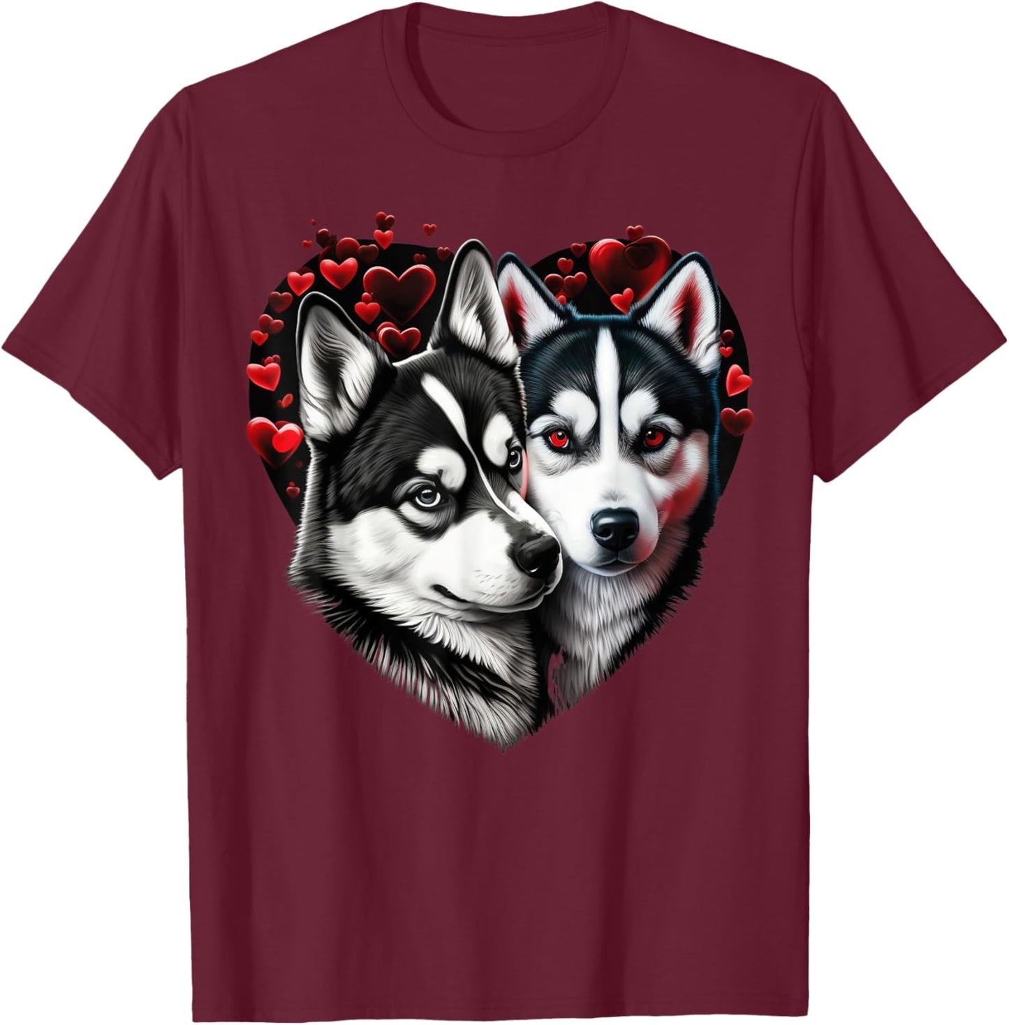 Two Husky Dogs Valentines Day Love on Couple Siberian Husky T-Shirt - T-Shirt | Maroon