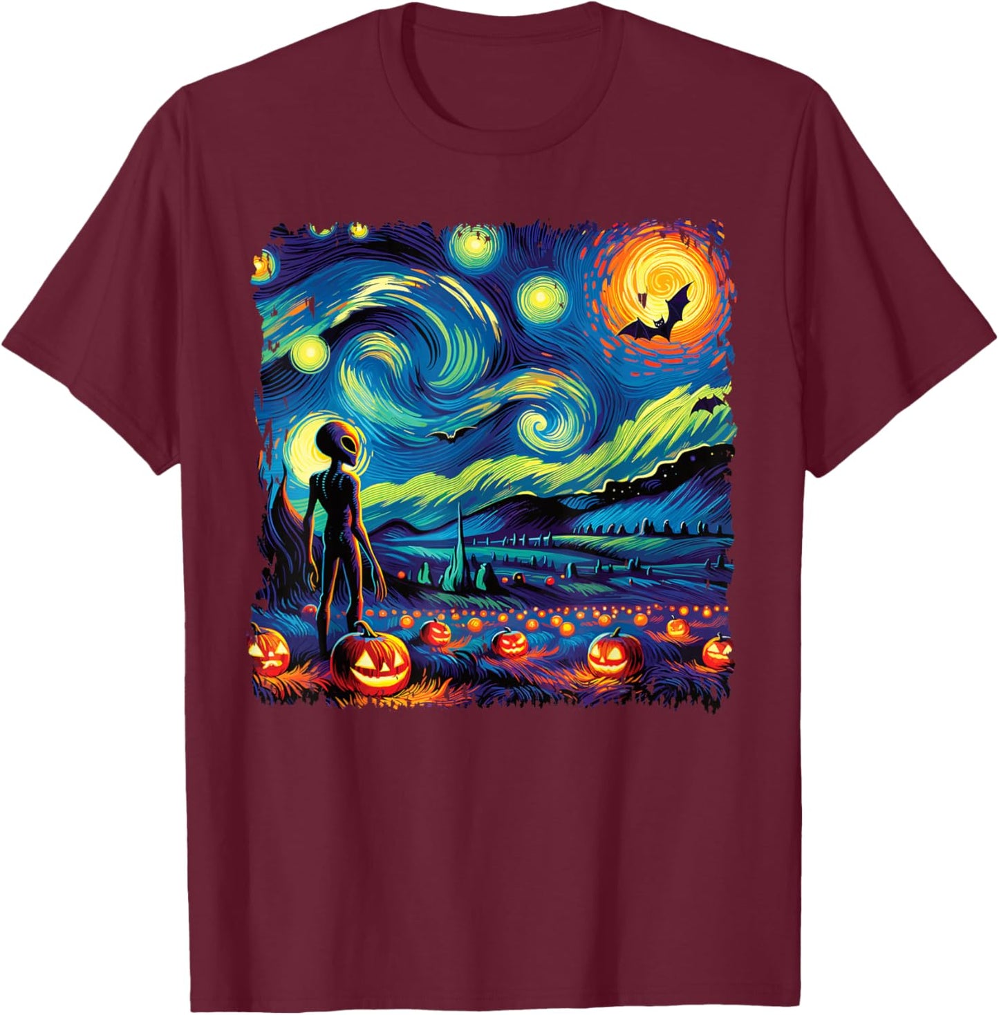 Van Gogh Starry Night Alien Man Halloween Fall Pumpkin Bats T-Shirt - T-Shirt | Maroon