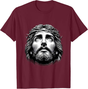Jesus Christ Face With Crown Of Thorn God Bible Christian T-Shirt - T-Shirt | Maroon