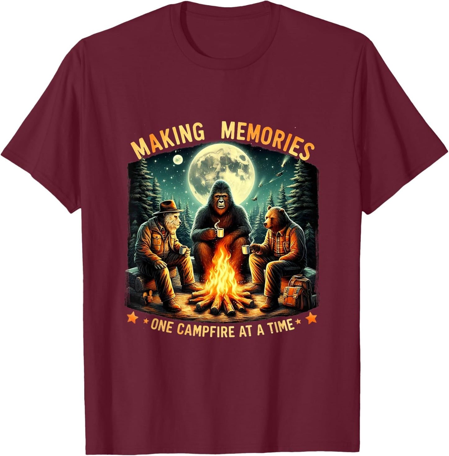 Retro Making Memories One Campfire At A Time Bigfoot Camping T-Shirt - T-Shirt | Maroon