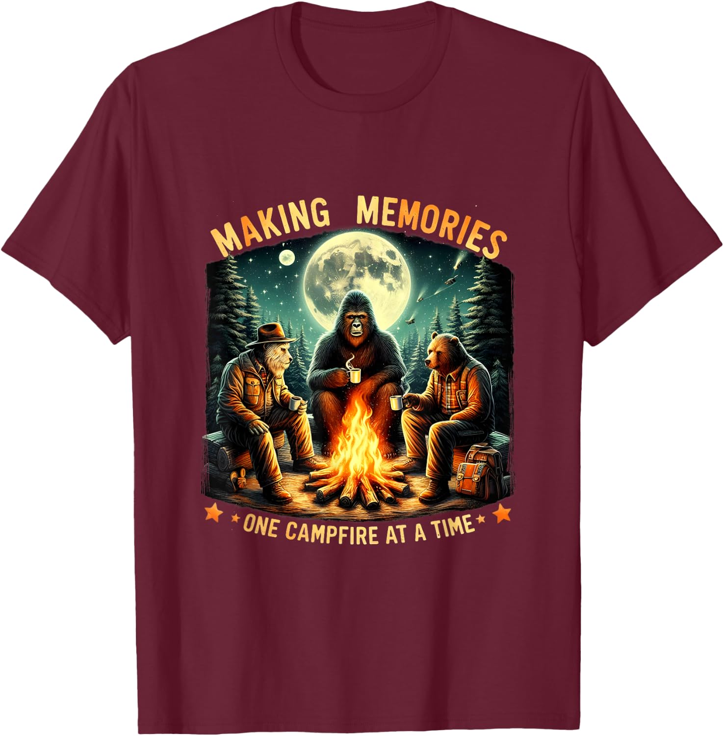 Retro Making Memories One Campfire At A Time Bigfoot Camping T-Shirt - T-Shirt | Maroon