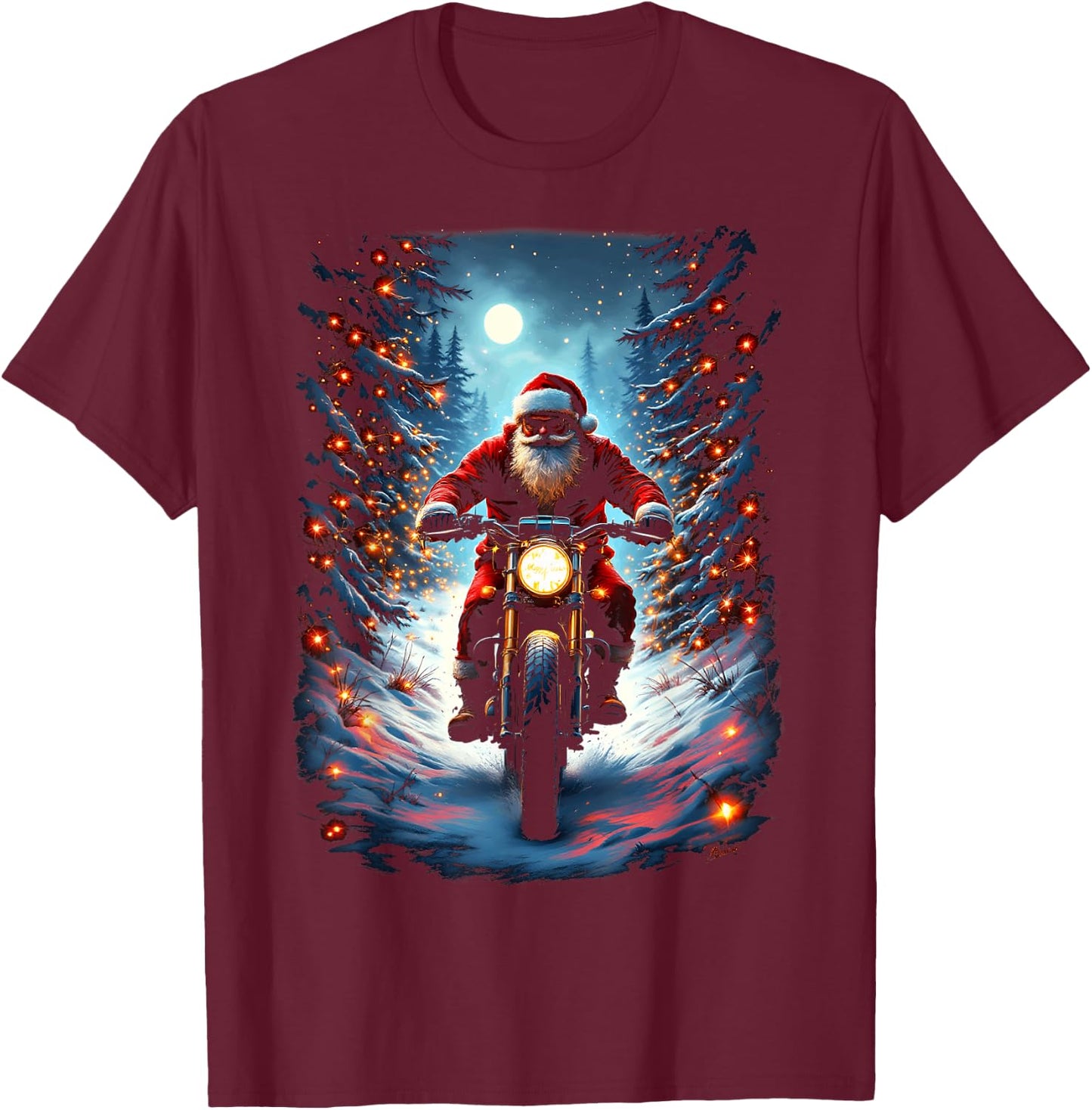 Santa Claus Biker Riding Motorcycle Christmas Moon T-Shirt - T-Shirt | Maroon