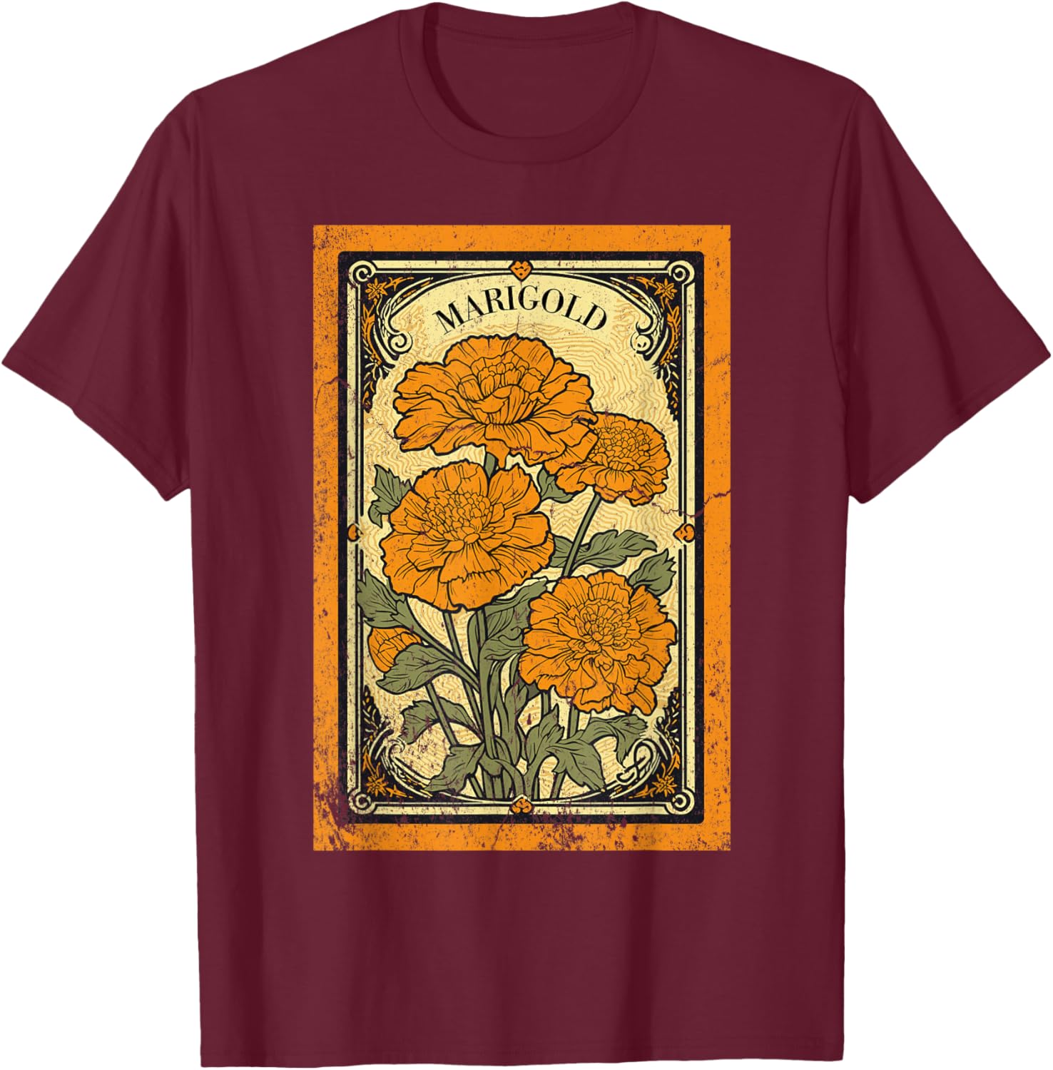 Vintage Marigold Flowers Tarot Card T-Shirt - T-Shirt | Maroon
