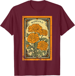Vintage Marigold Flowers Tarot Card T-Shirt - T-Shirt | Maroon