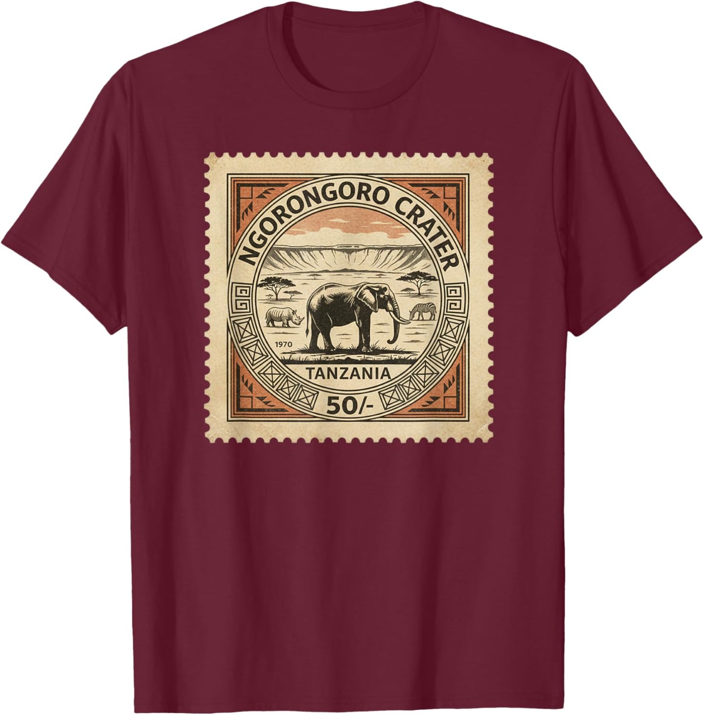 Afrikanische Safari-Stempel Ngorongoro Krater Tansania Porto T-Shirt - T-Shirt | Maroon