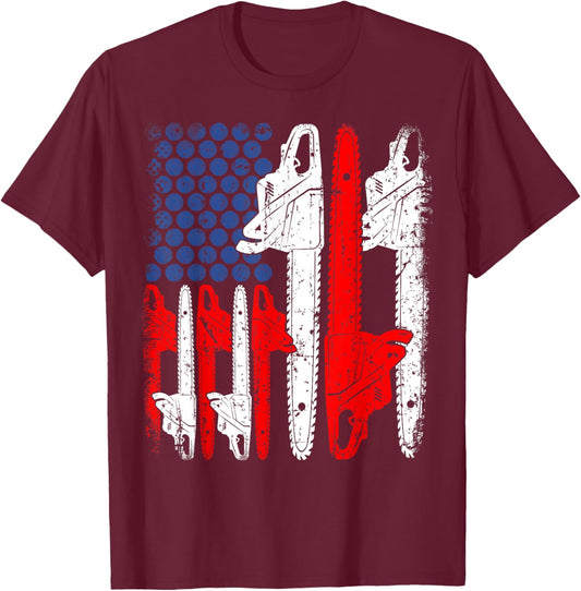 Funny Saw Machine USA American Flag Arborists 4th Of July T-Shirt - T-Shirt | Maroon