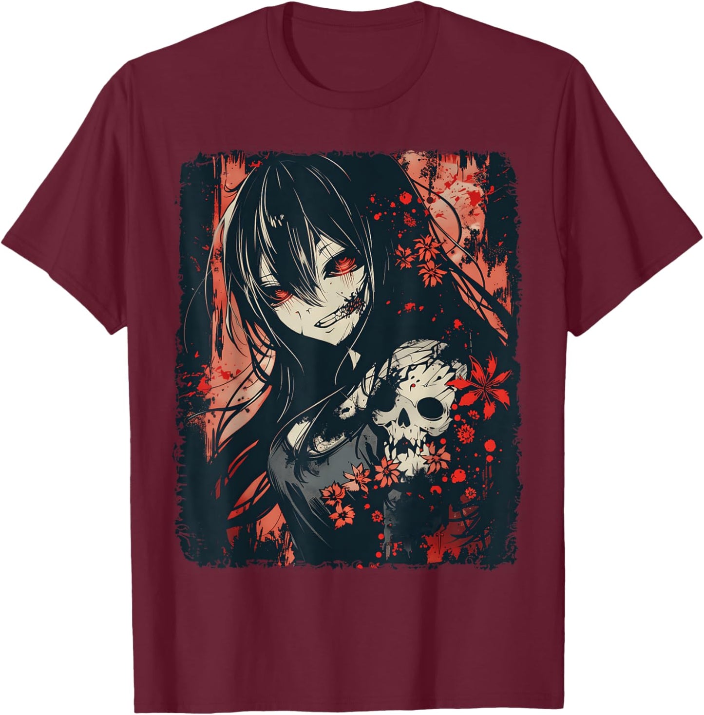 Anime Horror Girl Aesthetic Japanese Creepy Kawaii Goth T-Shirt - T-Shirt | Maroon