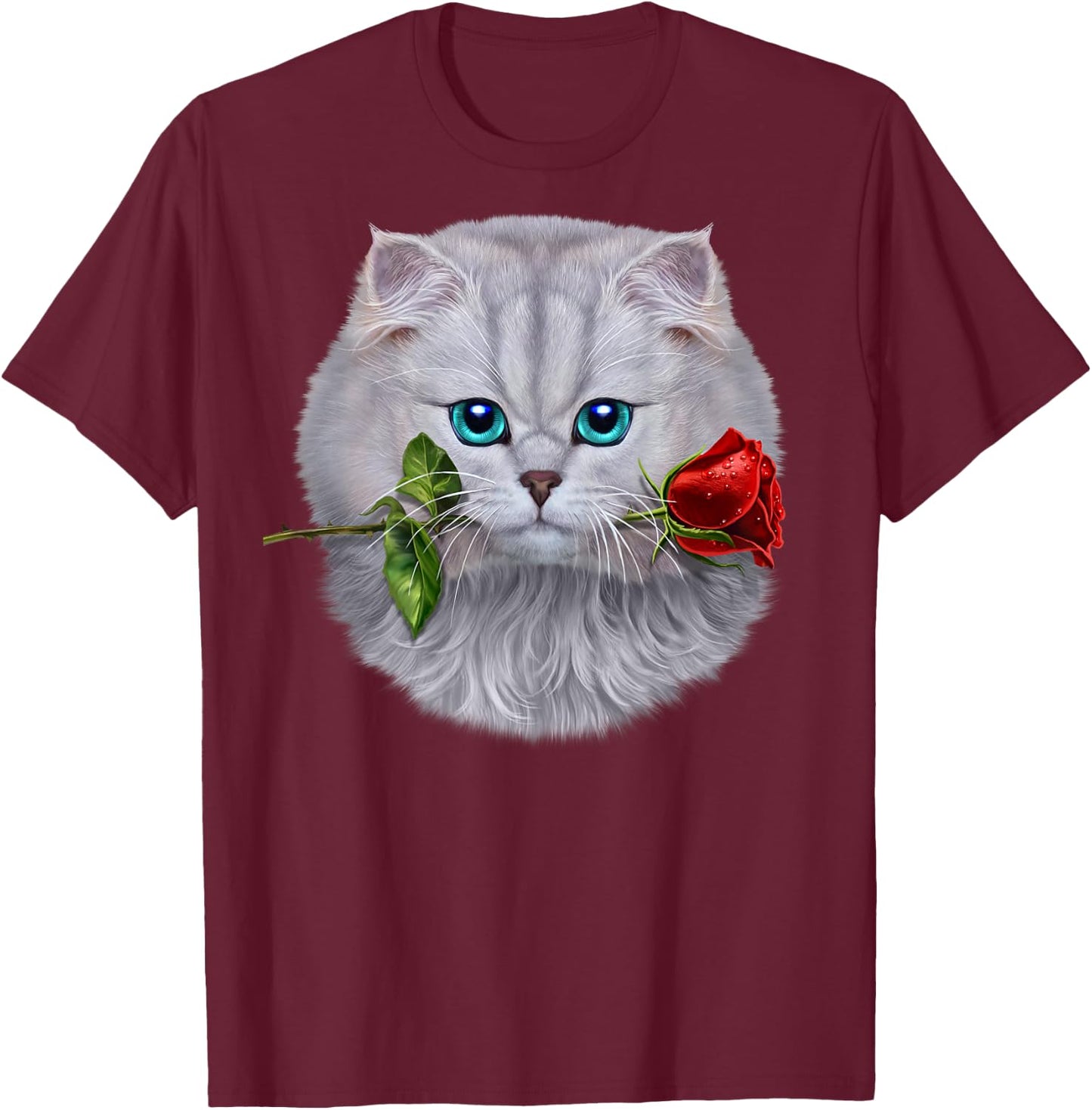 Romantic Fluffy White Cat Biting on a Rose Flower T-Shirt - T-Shirt | Maroon