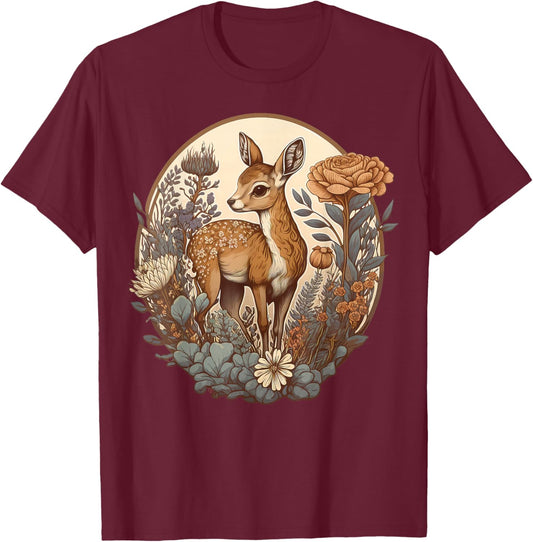Cute Cottagecore Floral Deer Aesthetic Girls Women Graphic T-Shirt - T-Shirt | Maroon