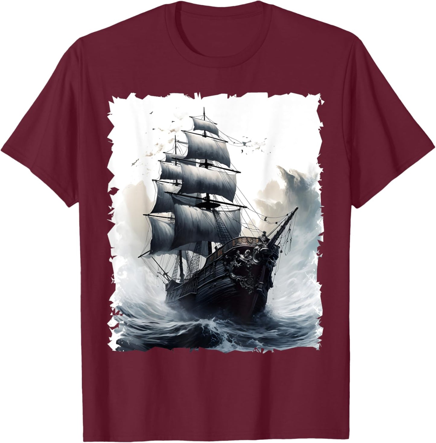 Sailing Boat Captain Pirate Ship Sailing Storm Painting T-Shirt - T-Shirt | Maroon