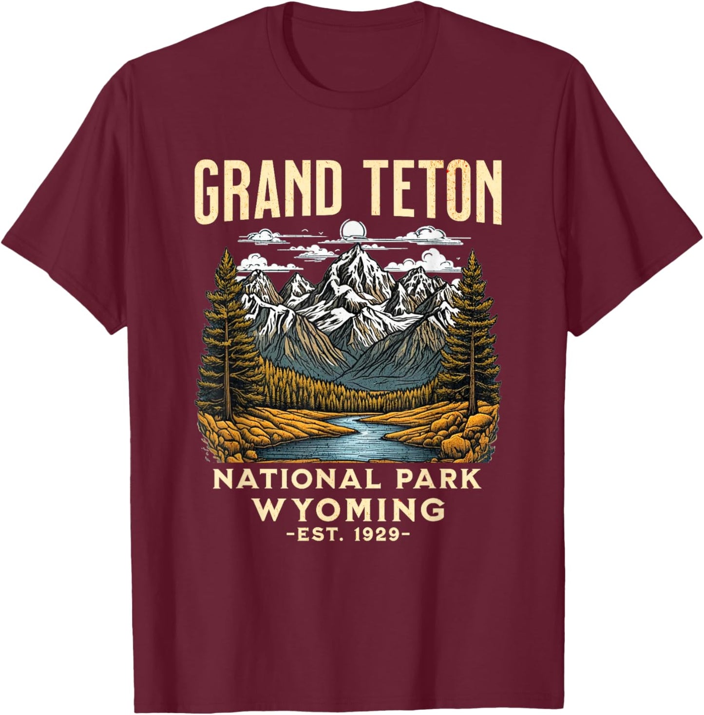 Grand Teton Wyoming | Vintage National Park USA T-Shirt - T-Shirt | Maroon